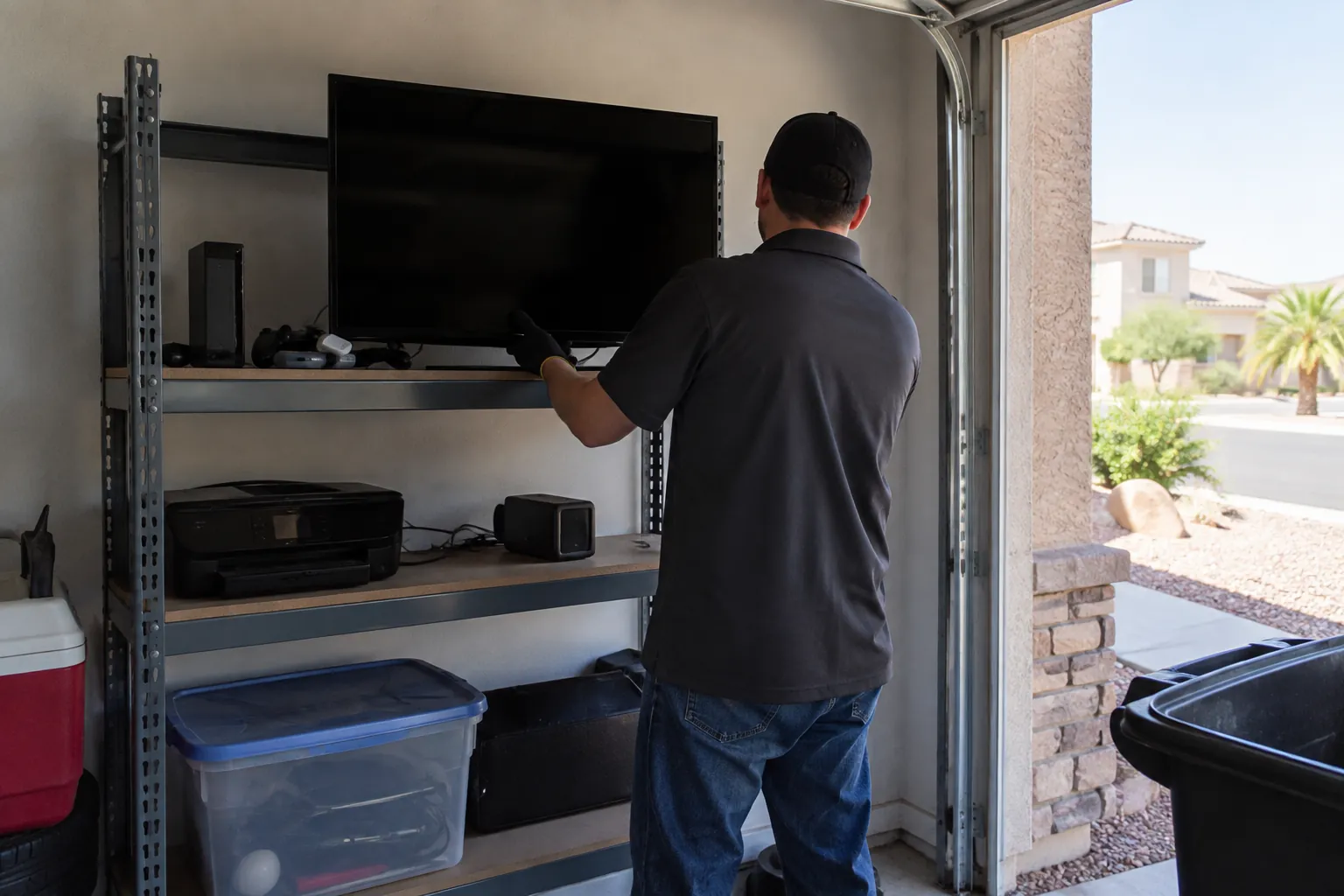 Garage electronics removal preparation scene