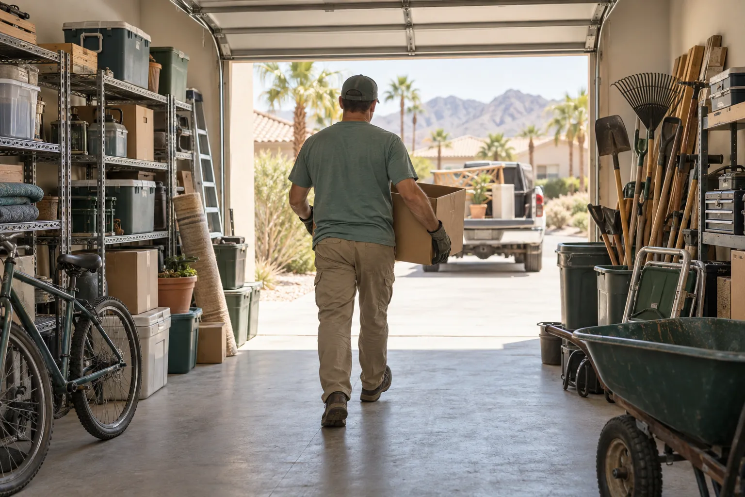 Garage items being carried toward a truck in daylight