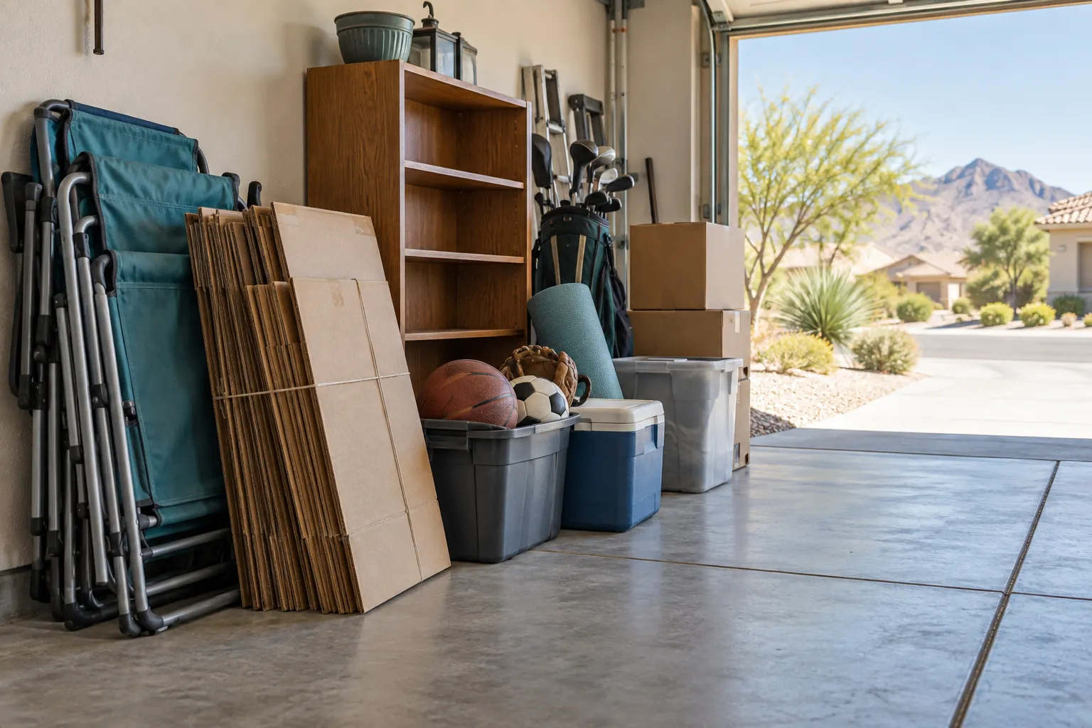 Grouped furniture, boxes and tools in a garage
