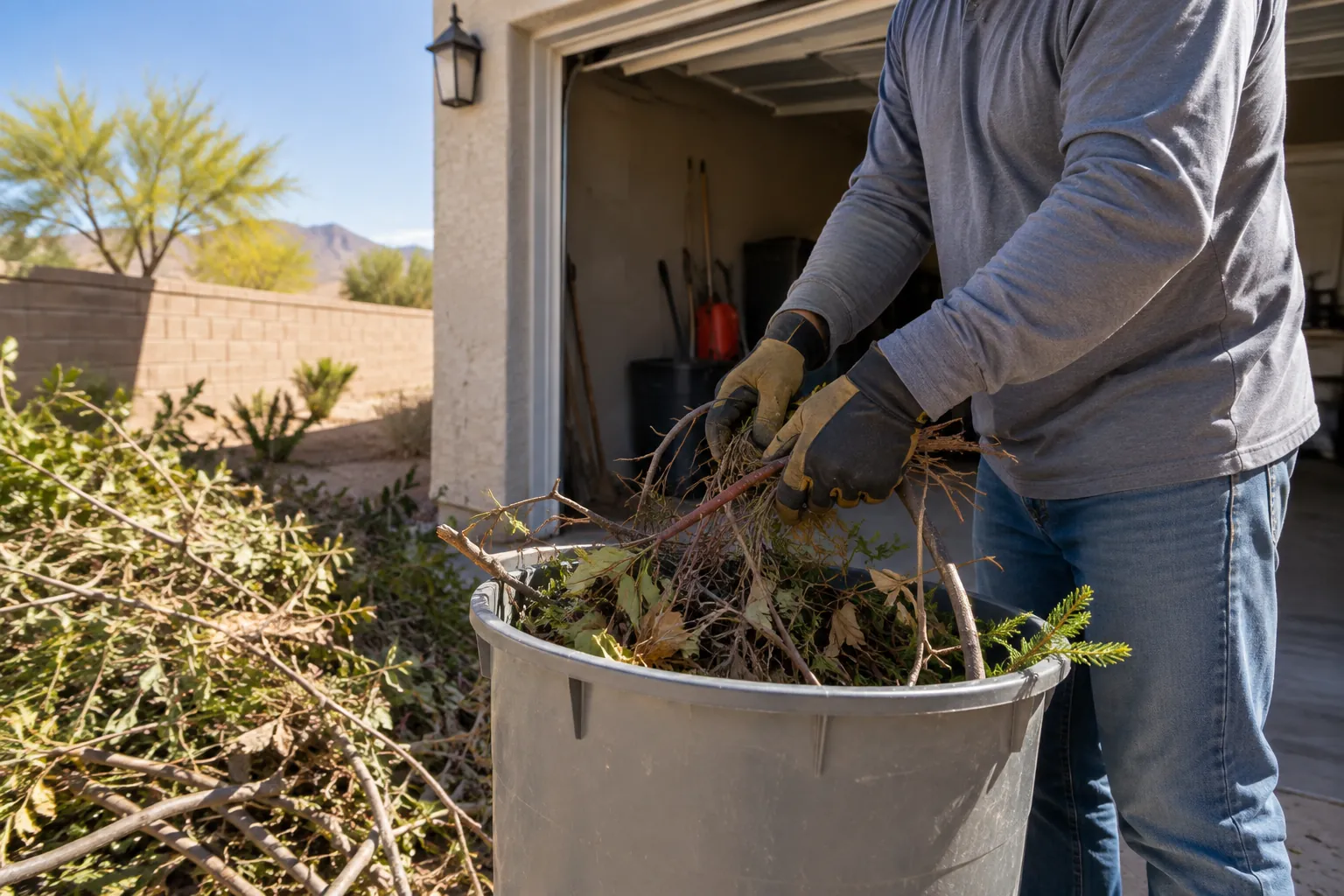 Garage yard waste removal preparation scene